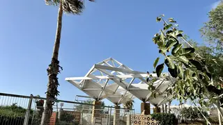 מבנה פרגולה לבנה מעץ במרחב פתוח